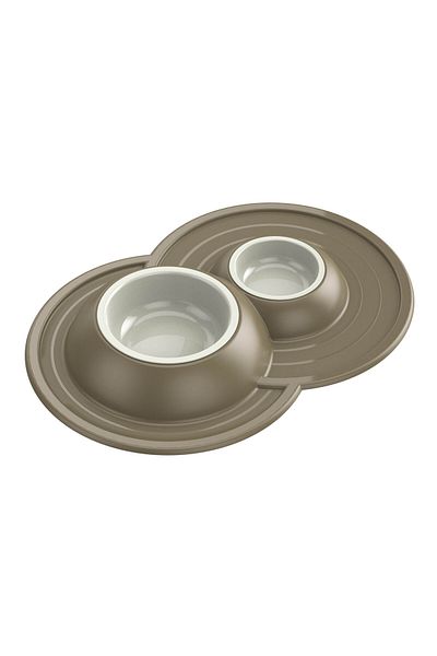 Volcano Cat food dish with holder and two bowls