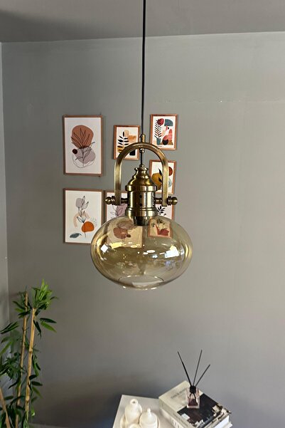 Bamyum Solvia Cam Bal Rengi Tekli Avize Delikli Eskitme Başlık Retro Sarkıt Lamba Salon Aydınlatma