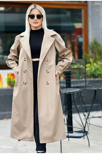 QUBERZ Balloon Sleeve Cuffed Trench Coat Beige