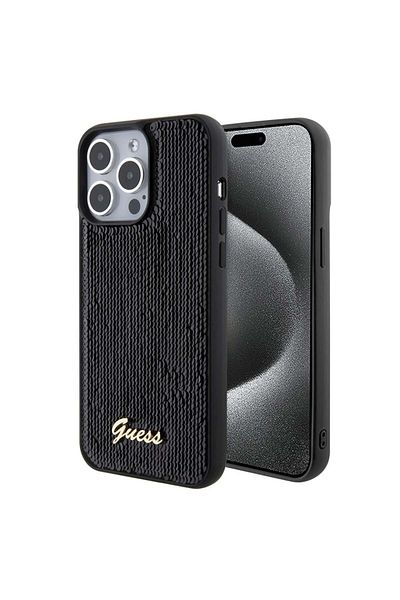 Guess IPhone 15 Pro Max Case, Sequin Script Metal, Guess - Black
