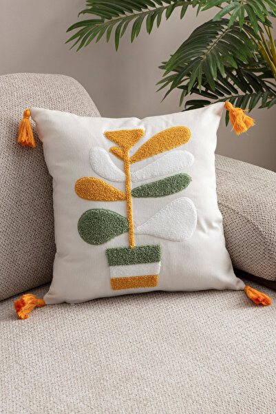 BUGİ HOME COLLECTİON Punch Throw Pillow Cover Embroidery Embroidered Flower Pot Pattern Throw Pillow Covers