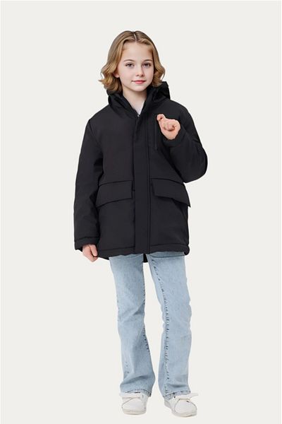 Outriverkids Girl's black furry inside water and windproof hooded 3 pocket winter coats & coat & parka