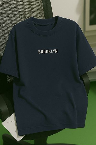 Trendseninle Unisex Ανδρικά/Γυναικεία Μπλουζάκια Λαδί BROOKLYN Χρωματιστή Ειδική Εκτύπωση Oversize Βαμβακερή Μπλούζα με Κοντό Μανίκι