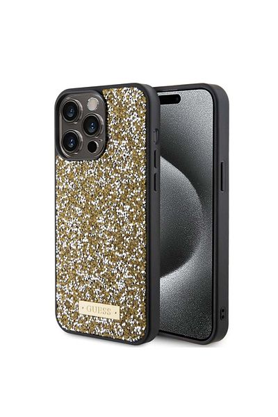 Guess Case for IPhone 15 Pro, Rhinestone Metal Logo, Guess, Yellow