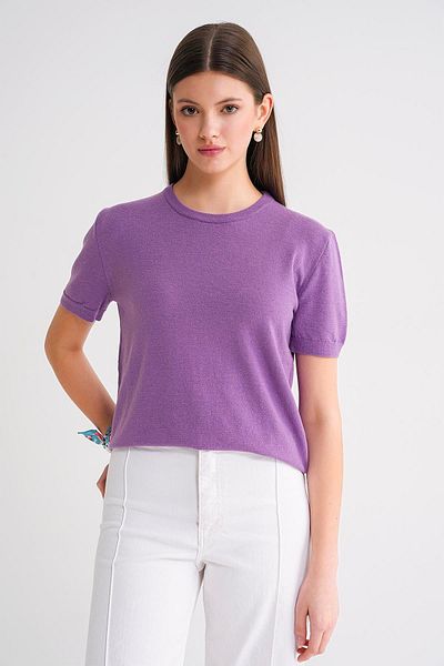 Mixray 6935 Women's Basic Knitwear Short Sleeve Sweater Purple
