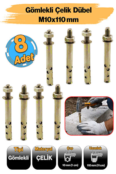 Badem10 Saplamalı (8 Adet ) Gömlek Çelik Dübel M10x110 mm Raf Montaj Bağlantı Zemin Monte Tavan Asma Aparat