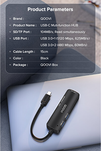REDz Accessories Καλώδιο Hub 5 σε 1, θύρες USB + SD + TF, QOOVI, βύσμα Type-C, μεταφορά δεδομένων 5GB