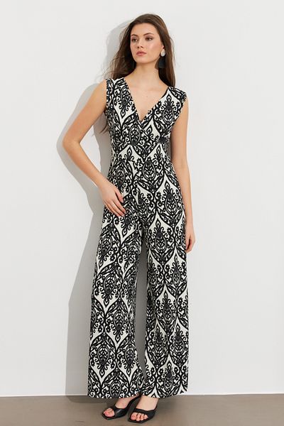 Cool & Sexy Women's Black Double Breasted Collar Patterned Wrap Jumpsuit Mp430