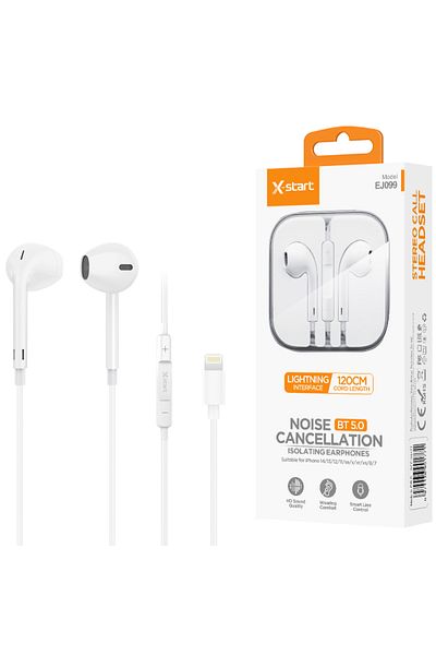 REDz Accessories Headphones with Lightning Cable 120cm, X-Start EJ099, iPhone Compatible, White