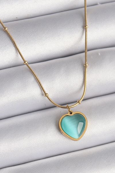 Skygo 316L Steel Gold Color Blue Cat's Eye Pearlescent Heart Model Women's Necklace - Tj-Bko9551