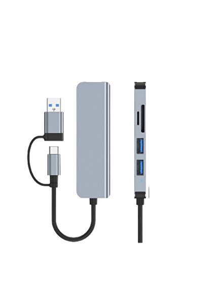 REDz Accessories 5-Port Hub Cable, USB + Card, Type-C Connector, Gray