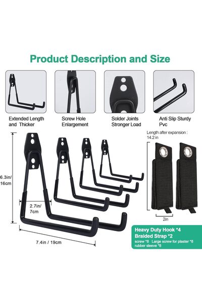 COOYA 4 Pack Garage Heavy Duty Hooks,with 2 Extension Cord Storage Straps,for Hanging Organizer,Black