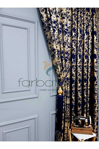 farbateks Синій золотий блискучий тканинний штор з шнурками, 3-шаровий плісирований фон