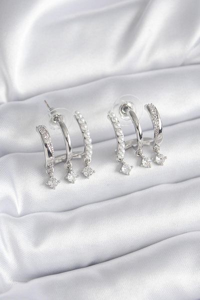 Skygo Brass Silver Color Zircon Stone Detail Women's Earrings with Pearls - Tj-Bkp9748