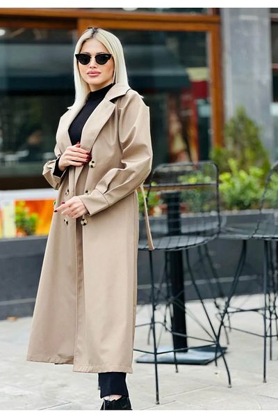 QUBERZ Balloon Sleeve Cuffed Trench Coat Beige