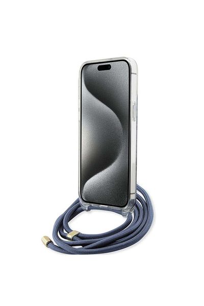 Guess Husă pentru iPhone 15 Pro cu șnur, geantă crossbody din piele cu logo metalic și strasuri - albastră