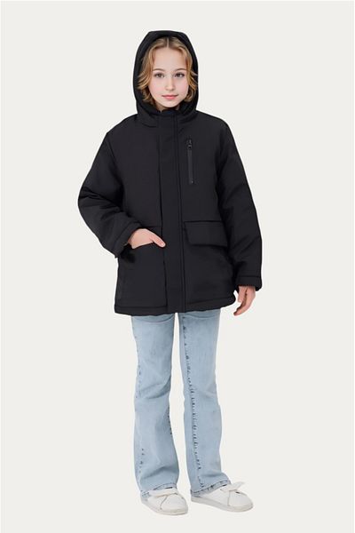 Outriverkids Girl's black furry inside water and windproof hooded 3 pocket winter coats & coat & parka