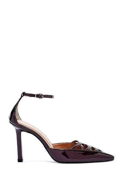 Derimod Women's Burgundy Ankle Buckle Thin Heeled Patent Leather Shoes 25Sfd162016