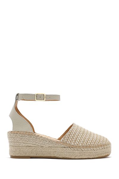Derimod Women's Beige Ankle Buckle Wedge Heeled Straw Leather Espadrille Sandals 25Sfd4574M7
