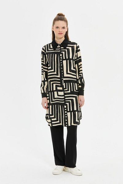 Esswaap Geometric Patterned Voile Black-Beige Tunic Black