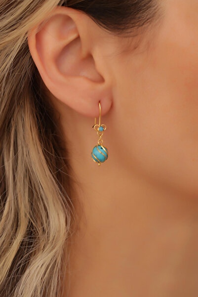 Bayar Gold 14 Ayar Altın Firuze Taşlı Kafesli Küpe