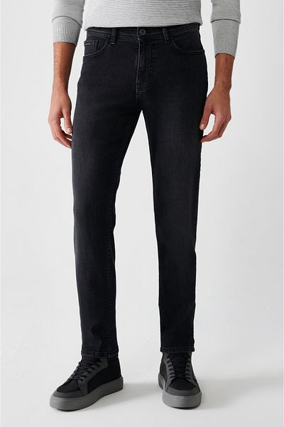 Avva Anthrazitfarbene, gewaschene, flexible Jeanshose aus Baumwolle für Herren B 003519