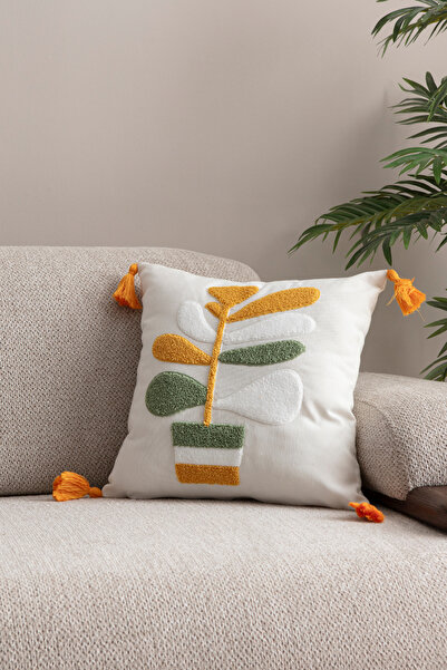 BUGİ HOME COLLECTİON Punch Throw Pillow Cover Embroidery Embroidered Flower Pot Pattern Throw Pillow Covers