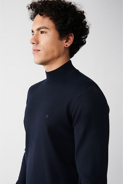 Avva Men's Dark Blue Half Turtleneck Wool Knitwear Sweater B 005015