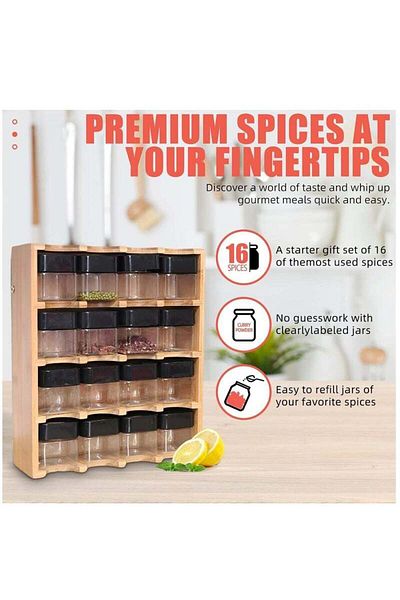 Saharaz Four-layer bamboo spice storage rack, airtight and fresh, 16-grid spice jars,with folding bracket