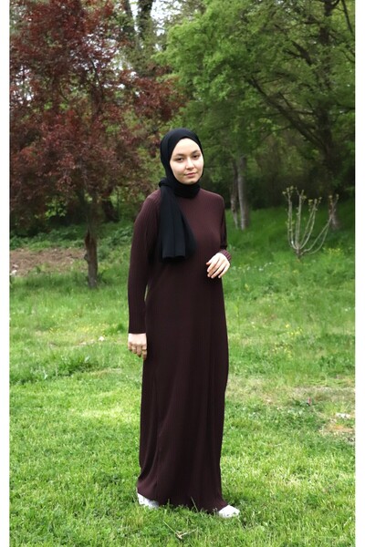 ilmek 25013 Kadın Pliseli Giy Çık Kurtarıcı Elbise Kahverengi