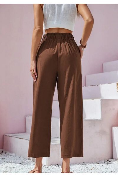 Little Visqon Women's Waist Drawstring and Button Detail Capri Linen Trousers
