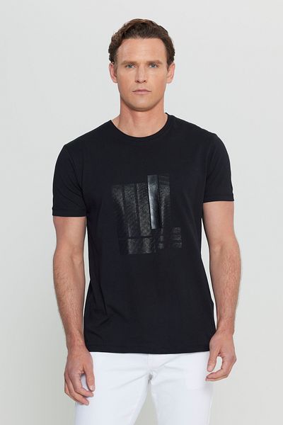 ALTINYILDIZ CLASSICS Men's Black Cotton Slim Fit Slim Fit Crew Neck Printed Stretchy T-Shirt