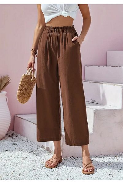 Little Visqon Women's Waist Drawstring and Button Detail Capri Linen Trousers
