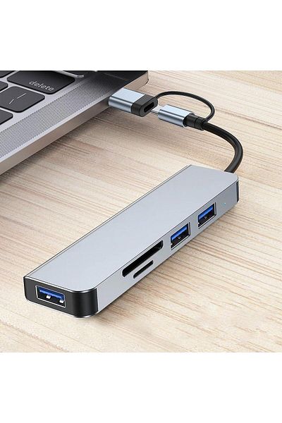 REDz Accessories 5-Port Hub Cable, USB + Card, Type-C Connector, Gray