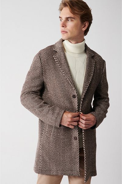 Avva Men's Brown Mono Collar Houndstooth Patterned Unlined Stamp Coat A32Y6122