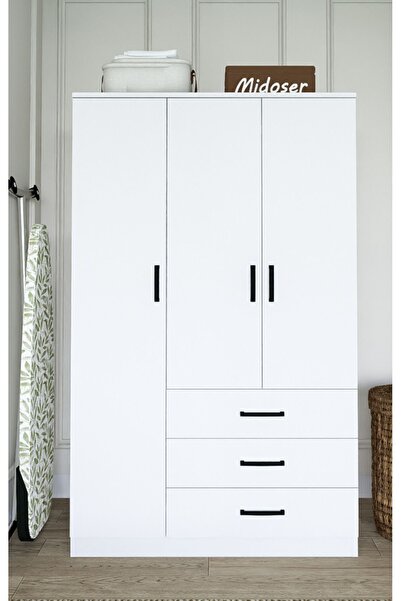 midoser Easy Mat Beyaz 3 Kapılı 3 Çekmeceli Çok Amaçlı Elbise Dolabı