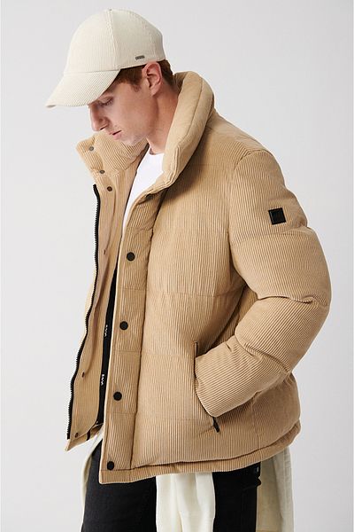 Avva Men's Beige Stand Collar Polyester Garnished Velvet Puffer Jacket A32Y6136