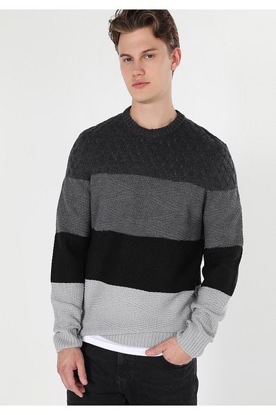 Colin's Pulover antracit pentru bărbați, cu gât rotund, jacquard