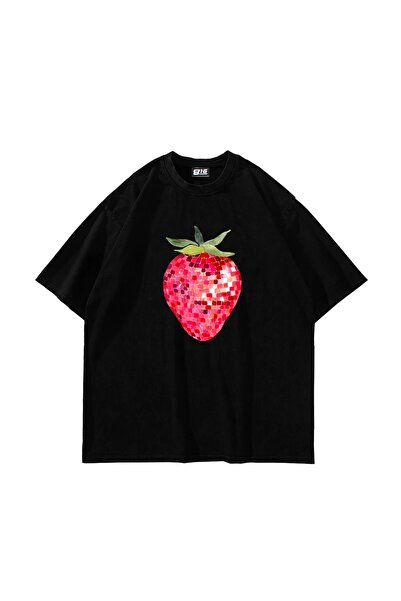 Bak Moda Strawberry Disco Štampano Oversize kroj Unisex crna majica