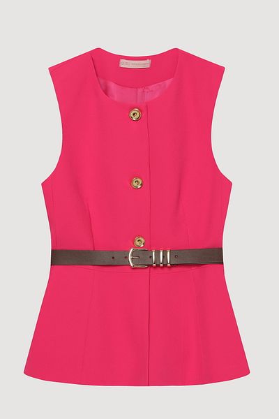 Quzu Buttoned Sleeveless Vest with Belt Accessories Fuchsia
