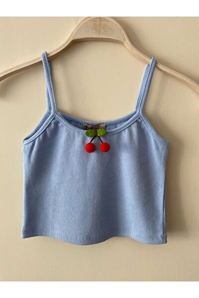 Butik Kadın Mavi Kaşkorse İnce Askılı Kiraz Aksesuarlı Kolsuz Basıc - Örme Kumaş Crop Bluz, Günlük Atlet