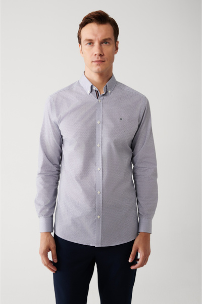 Avva Erkek Mavi %100 Pamuk Kolay Ütülenen Desenli Şerit Detaylı Pamuklu Gömlek A32Y2172