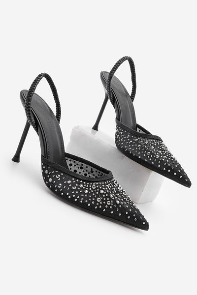 Marjin Damen Stiletto spitze Zehe Stein Mesh zurück elastische hochhackige Schuhe Margi Schwarz