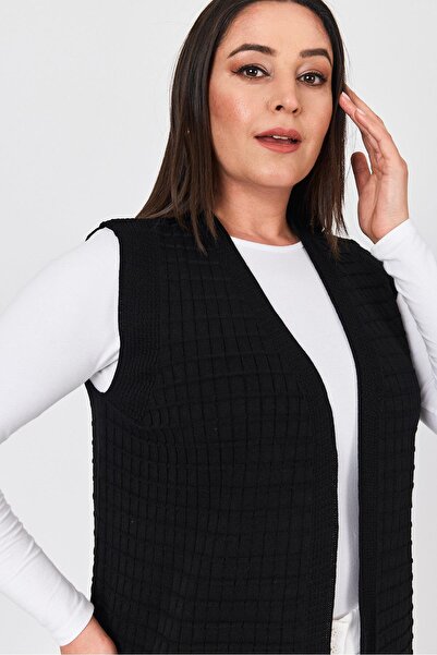 Uludağ Triko Women's Black Glittery Striped Seasonal Mother Summer Vest with Buttons and Pockets