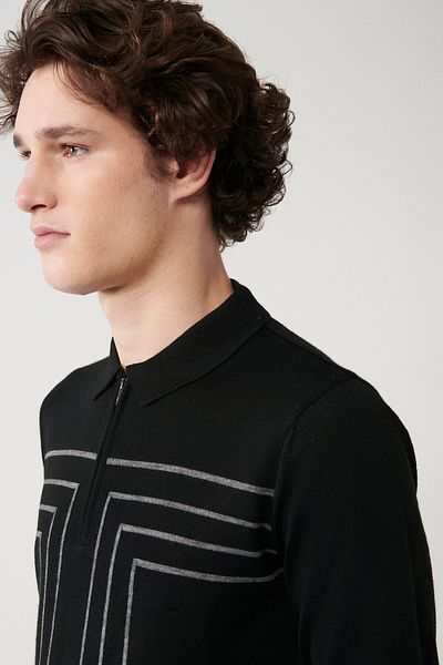 Avva Men's Black Zippered Wool Striped Knitwear Sweater A32Y5094