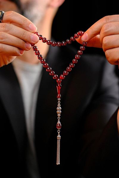 dergah tesbih Intense Silver Embroidered Sphere Model Crimping Amber Prayer Beads