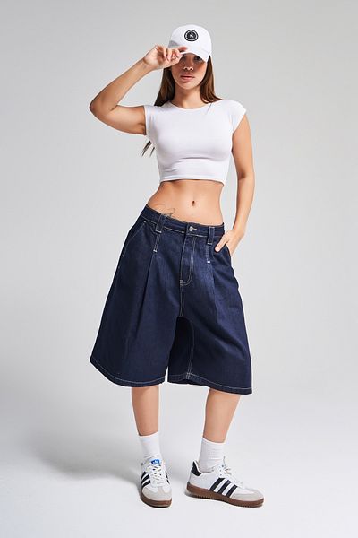 its basic Women's Indigo Color 7S5-50 Skater Fit Maxi Length Loose Cut 100% Cotton Denim Bermuda Shorts