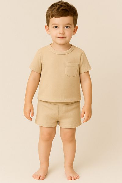 Bubito Waffle Visual Pocket Detailed Cotton Summer Baby Kids Shorts Set-Beige Unisex