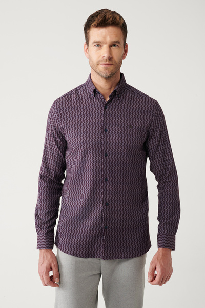 Avva Erkek Bordo Düğmeli Yaka Desenli Esnek Pamuk Gömlek A32Y2145