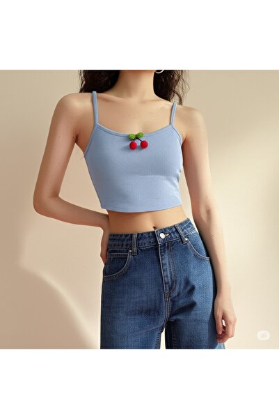 Butik Kadın Mavi Kaşkorse İnce Askılı Kiraz Aksesuarlı Kolsuz Basıc - Örme Kumaş Crop Bluz, Günlük Atlet